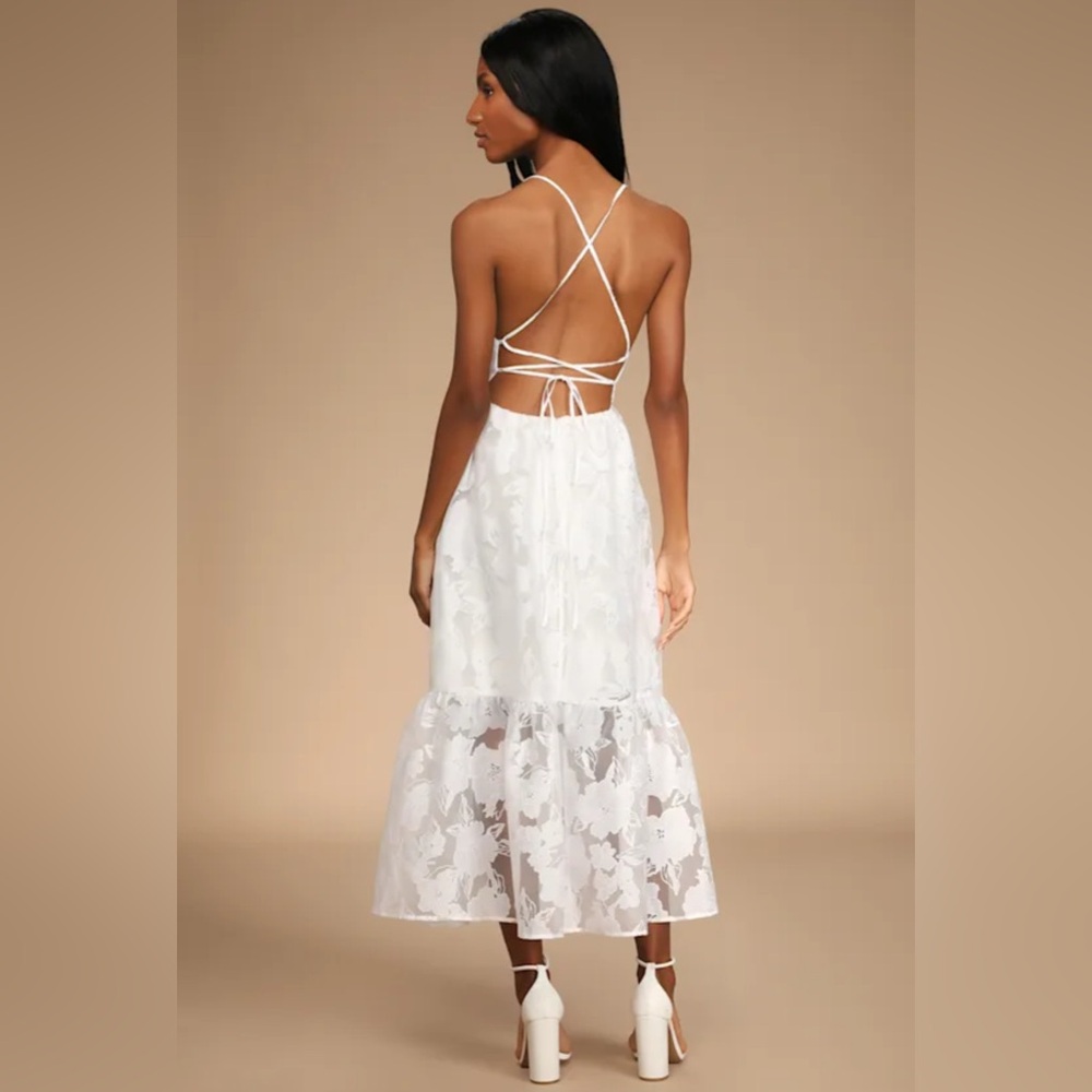 Feeling Like Forever White Jacquard Organza Lace-Up Midi Dress - Picture 2 of 8